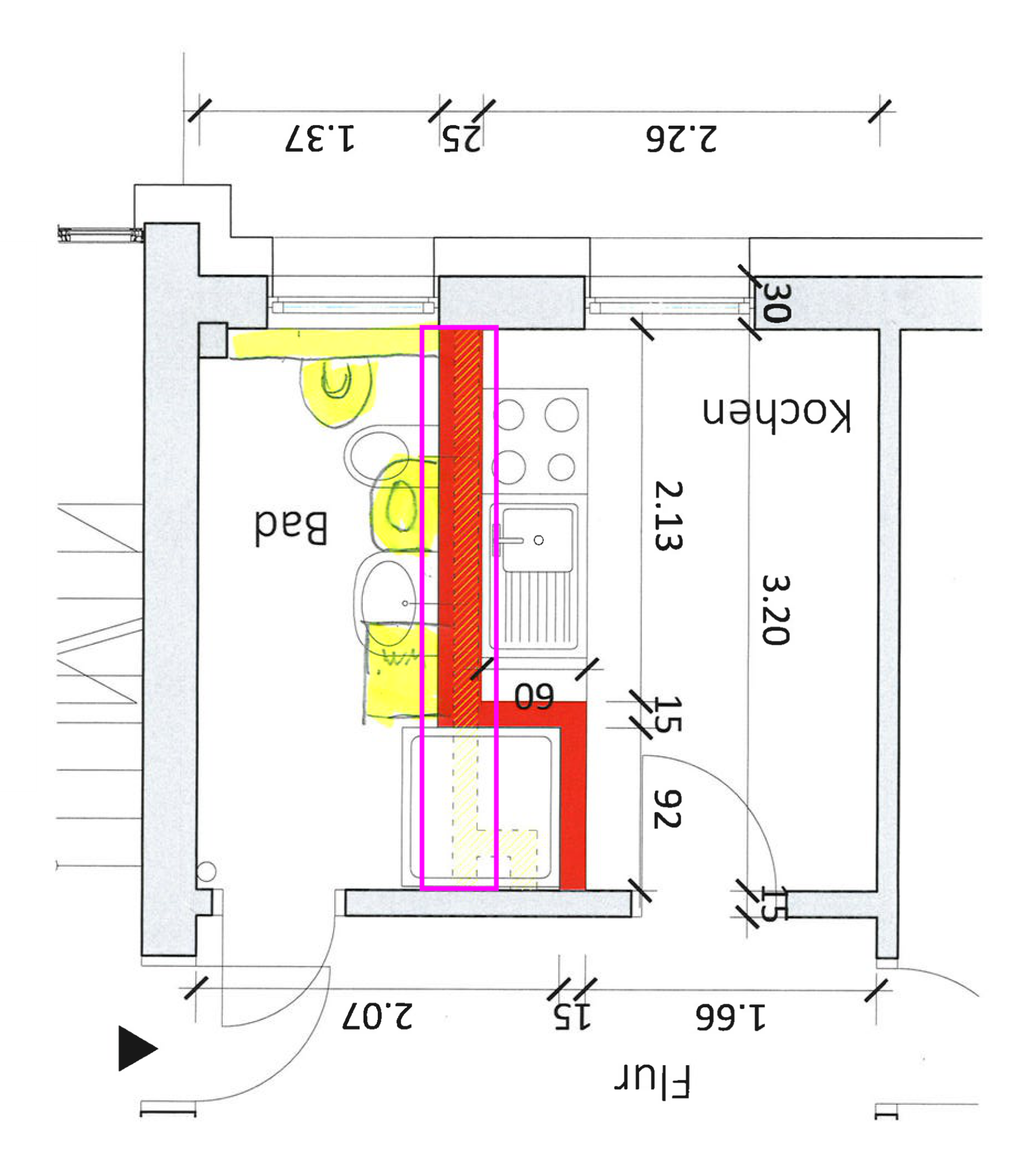 Grundriss Badezimmer und Küche vor der Anpassung